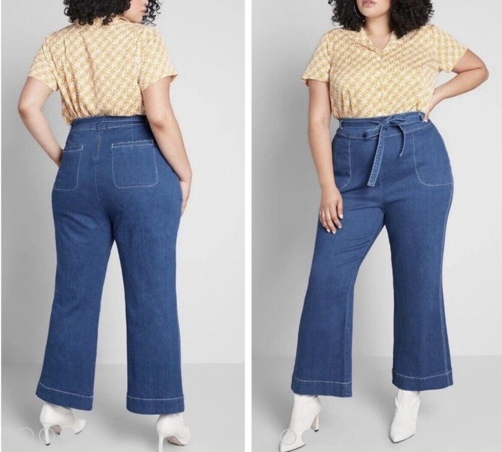 ModCloth Daydream Wide Leg Jeans 16 Blue Flare Denim Back Zip Pockets Boho Retro